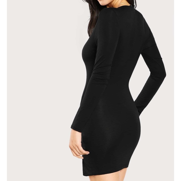 Little Black Dress Long Sleeve Deep V Side Slit - Picture 2 of 6